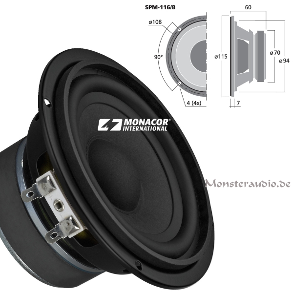 Monacor SPM-116/8 Hi-Fi-Tiefmitteltöner 40 Watt 8 Ω Ohm 11,5cm